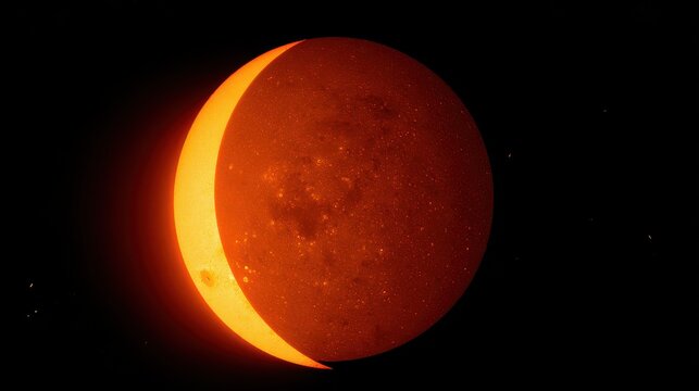 Sun undergoes partial eclipse in clear sky with visible solar corona during afternoon hours observed from Earth