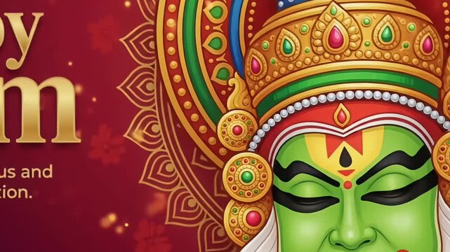 Happy Onam Kathakali Festival Greeting Design with Traditional Kerala Cultural Face Illustration
