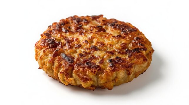 Close-up of sizzling golden-brown chapli kebab with crispy spiced texture on white background