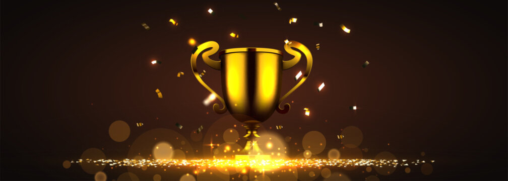 Golden winner trophy cup with falling confetti on dark background. Celebration award Vector illustration.