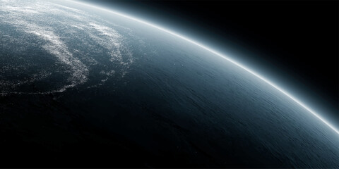 Earth from space with the Moon and Sun, showing clouds, oceans, blue sky, light rays, night space, stars, mist and waves over the planet Earth © MONORA