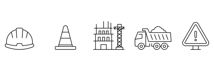 Construction site line icons set with hard hat traffic cone building under development dump truck and warning sign vector illustration. © Shekhar438
