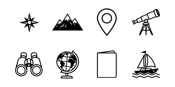 Exploration themed icons including compass and map on white background
