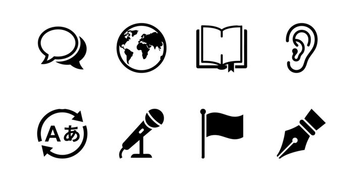 Eight Black Communication and Language Icons Arranged in Two Rows