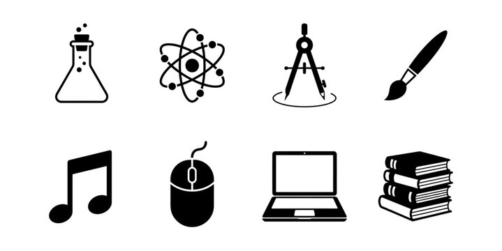 Eight minimalist black science and education icons on white background