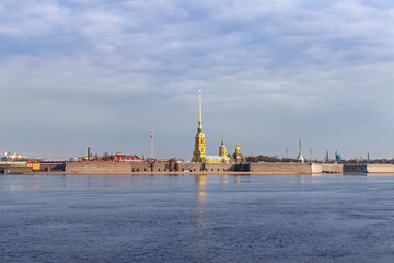 Fototapeta premium Panorama of Peter and Paul Fortress in the center of Saint Petersburg, Russia. Sunny spring day 