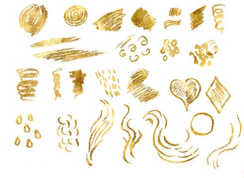 Set cute cartoon hand-drawn illustrations. Set Gold Foil brush stroke, gold splatter glitter. Golden stroke on transparent background. Watercolor gold glitter. Abstract shiny png design element.