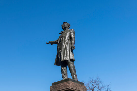 Pushkin Monument in Iskusstv square, the center of Saint Petersburg, Russia. Sunny spring day