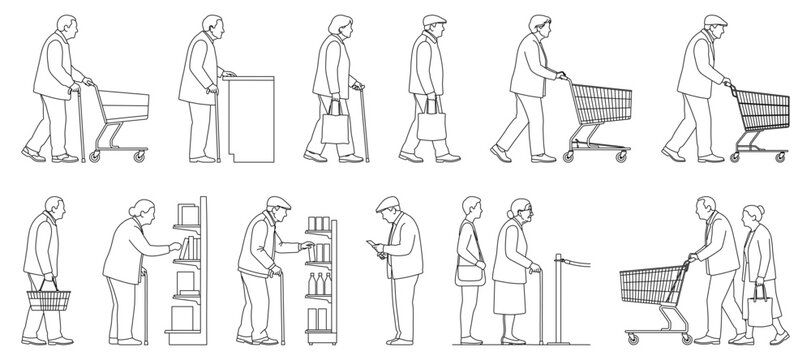 Elderly Shopping CAD Figures Senior Grocery Shopping, Cart Users, Retail Browsing and Store Queue Activities &ndash; CAD Block Set Side Elevation, Clean Thin Line Architectural Style