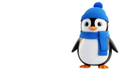Fototapeta premium Cute penguin wearing a blue winter hat and scarf as isolated object