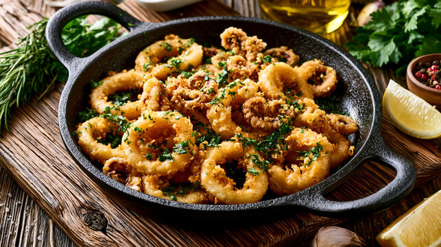 Deliciously crispy fried squid rings with herbs in a rustic setting