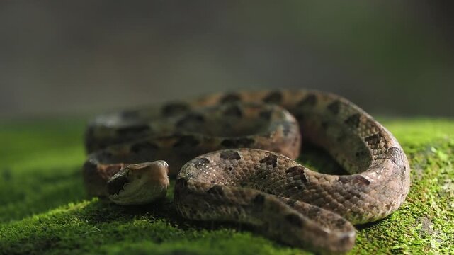 Malayan pit viper snake is often found coiled up on the ground, making it difficult to see and posing a danger if stepped on or approached.