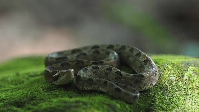 Malayan pit viper snake is often found coiled up on the ground, making it difficult to see and posing a danger if stepped on or approached.