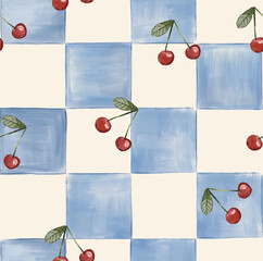 Hand-painted blue and white checkered seamless pattern with red cherries.