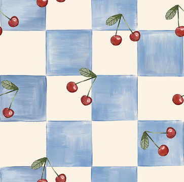 Hand-painted blue and white checkered seamless pattern with red cherries.