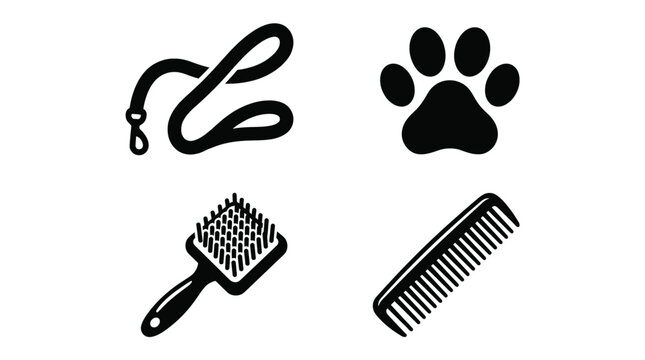 Black icons of dog grooming tools and paw Vector