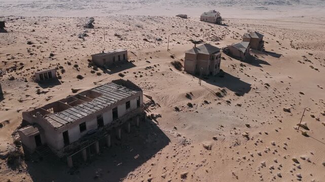Kolmanskop ghost town aerial view showing abandoned houses in namibia, africa