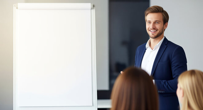 Business presentation training session with speaker beside blank flipchart, useful for sales coaching and team education in office seminar, startup pitch practice and staff meeting agenda planning