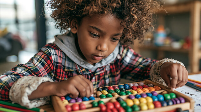 Young learner joyfully explores mathematics with colorful counting beads