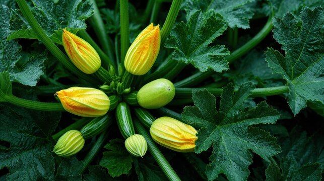 Close-up of zucchini plant with yellow blossoms and developing fruit