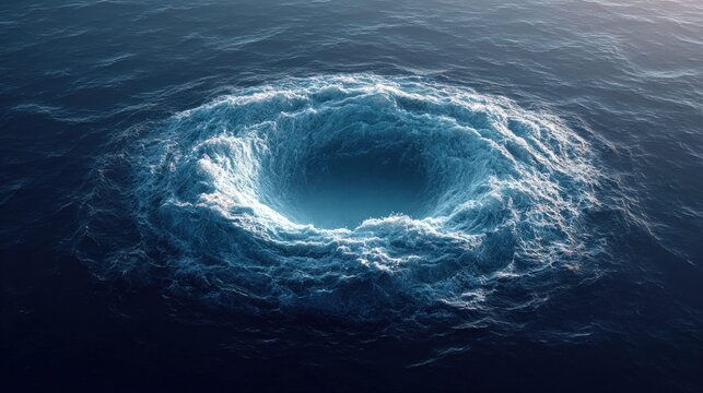 aerial view of a mesmerizing ocean whirlpool with swirling water and deep blue hues