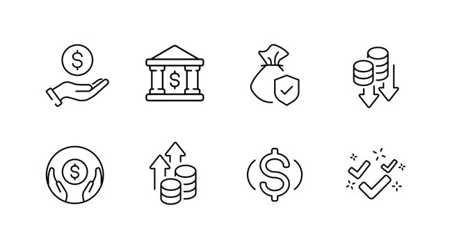 Finance icon set: bank, money bag, currency exchange symbols