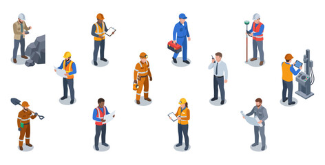 Mining industry workers managing quarry extraction and safety operations   Diverse coal miners character set   Isometric vector illustration © Stocklume