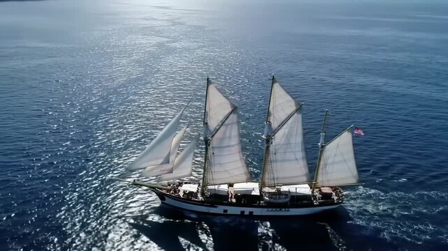 Large three masted sailing ship navigating deep blue ocean with white sails open under bright sunlight
