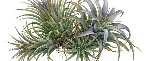 Fototapeta premium Cluster of air plants with thin, arching green and purple-tinted leaves, isolated on white background, ready for design projects, botanical illustrations, and decorative applications.