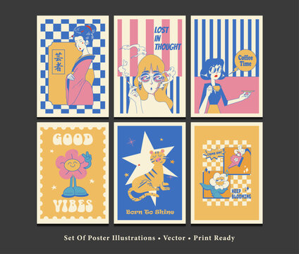 Set of retro-inspired poster illustrations, mid-century modern style, dopamine palette, perfect for wall art and home decor