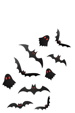 Halloween decorations, paper bats and ghosts. PNG, isolated on transparent background. Halloween party greeting card mockup with copy space. Happy halloween holiday concept