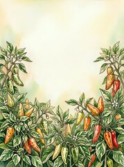 Obraz premium Chili pepper plants with ripe red and yellow pods arranged in botanical frame on cream background, suitable for culinary, gardening, and agricultural design projects.