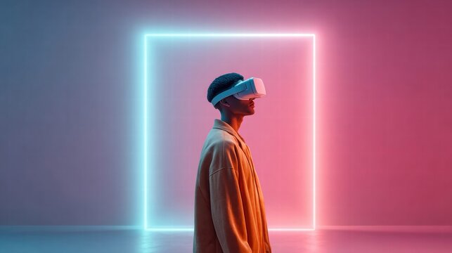 Person wearing VR headset in front of a neon light square