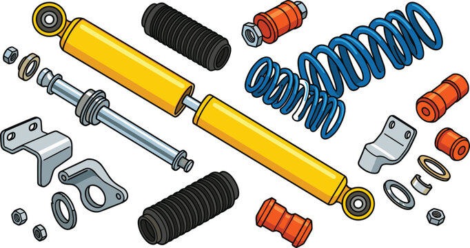 Car suspension steering damper exploded view vector illustration collection set featuring shock absorber coil spring rubber boot dust covers polyurethane bushings metal brackets elements
