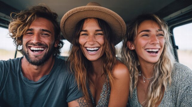 Three friends laughing and enjoying a road trip together in a car.