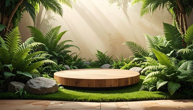 Enchanted Forest Podium with Sunbeams and Lush Foliage.