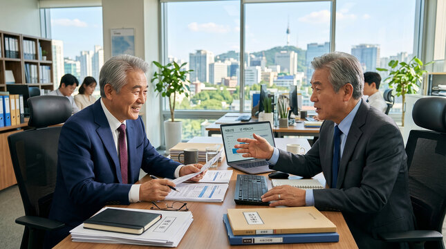 Two elderly, handsome South Korean men in suits, holding a meeting at their desks in the office on a sunny day