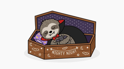Fototapeta premium Cute vampire sloth sleeping peacefully in a coffin with a bat plushie and nighty night message