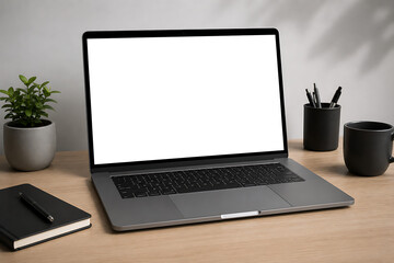 Fototapeta premium Modern laptop mockup on minimalist workspace desk