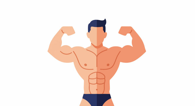 Muscular man posing, showing off his biceps and abs in blue shorts