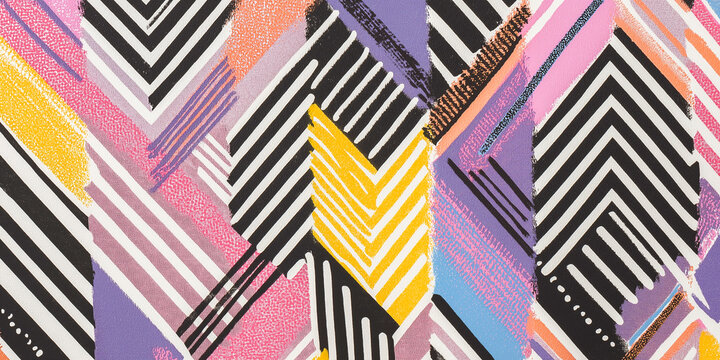 Abstract geometric pattern featuring vibrant colors and bold lines in a zigzag design, showcasing a mix of pink, yellow, black, and purple hues on a textured background