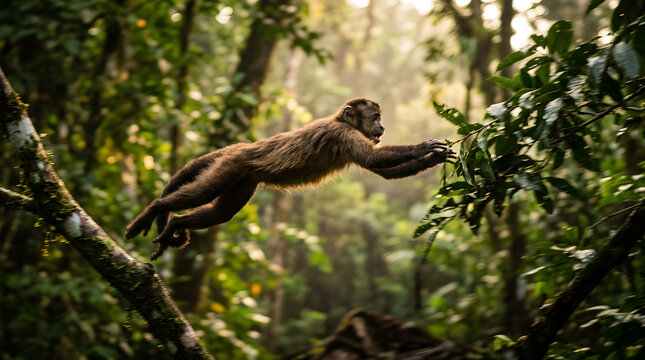 monkey jumping to another tree branch