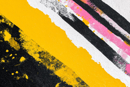 Abstract painting featuring bold strokes of yellow, black, pink, and white on textured canvas, showcasing vibrant colors and dynamic patterns in a contemporary art style