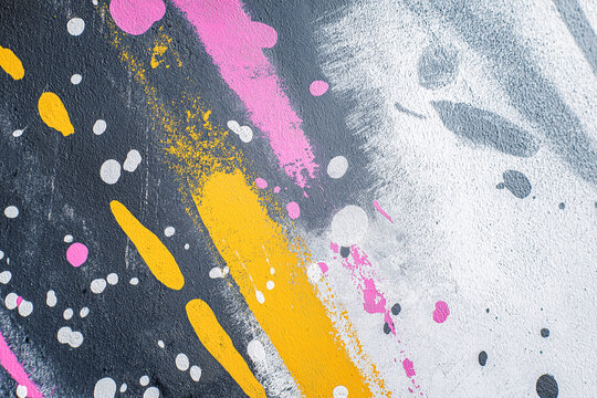 Abstract wall art featuring vibrant splashes of pink, yellow, gray, and white paint on a textured surface, creating a dynamic and colorful visual composition