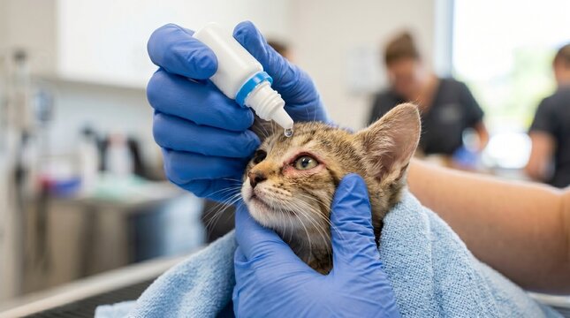 Close up of a veterinarian hands in blue gloves applying medical eye drops to a sick kitten with conjunctivitis. Veterinary clinic healthcare concept. Generative AI