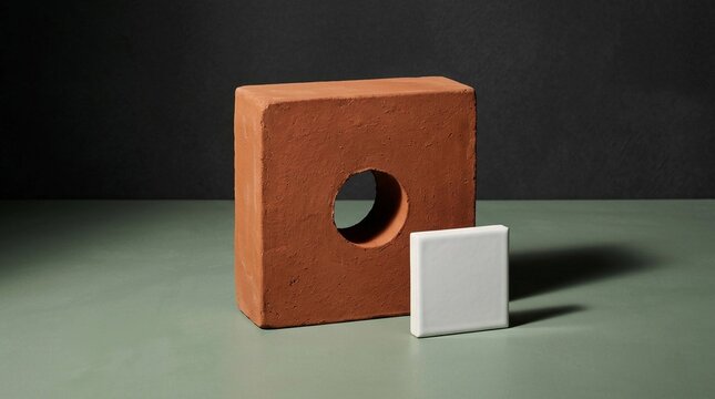 Minimalist geometric setup of a white square block next to a round hole in a terracotta block, symbolizing a mismatch or wrong fit