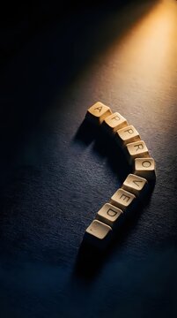 Wooden letter tiles arranged in curved arrow shape spelling "approved" on dark surface with dramatic spotlight lighting, symbolizing business approval and success.