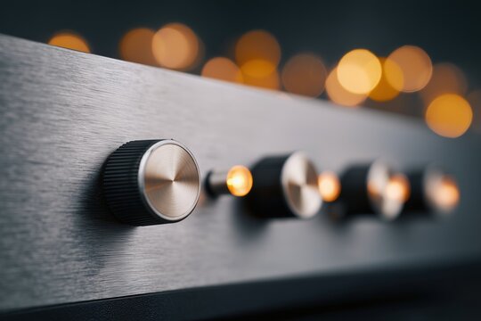 Brushed metal audio amplifier with glowing indicator lights and control knobs, vintage hi-fi sound system