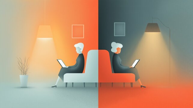 Two women sitting on sofas using laptops in split modern rooms, remote work concept