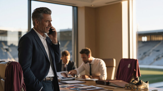 Sporting director handles a tense transfer phone call in a modern stadium office while staff review scouting folders, player photos and contract.